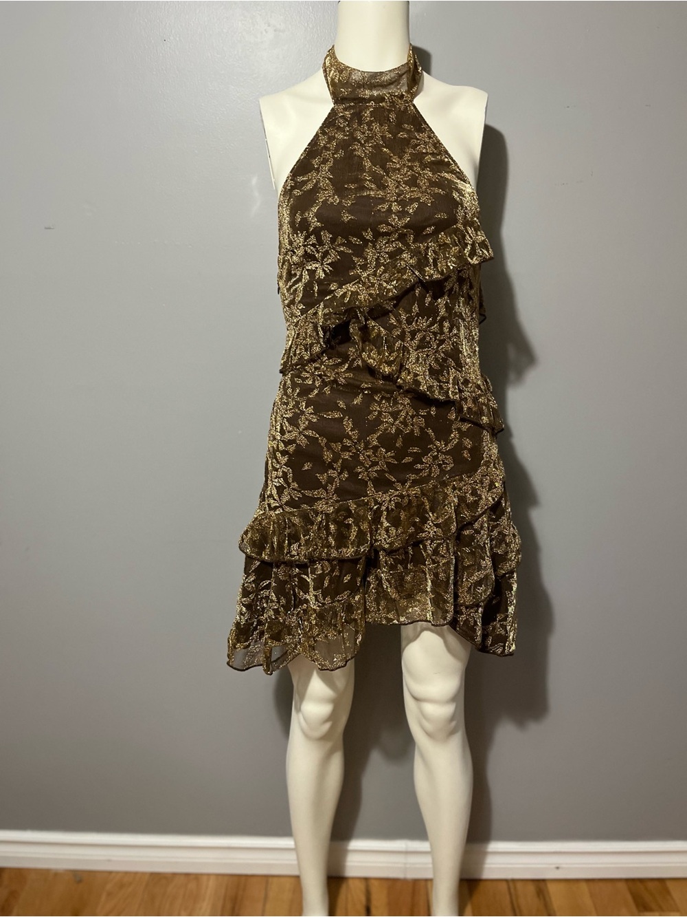 PrettyLittleThing Gold Floral Halter Ruffle Mini Dress